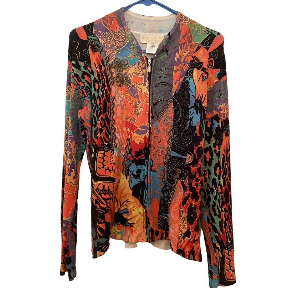 Nina Raynor multicolored embellished zipped stretched cardigan sz M